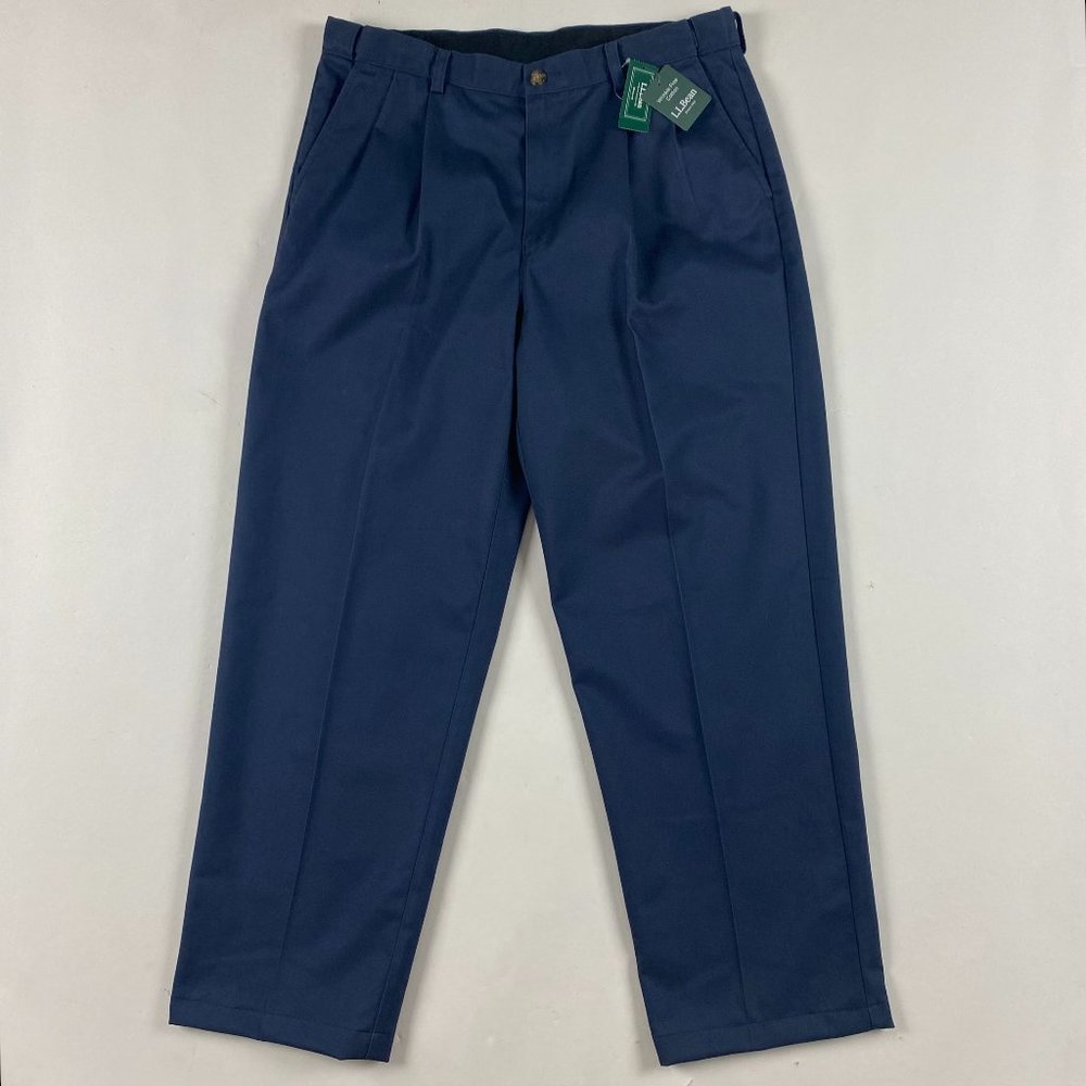 NWT LL Bean Wrinkle Free Pleated Chino Pants Mens 35 x 29.5 Carbon Navy Cotton